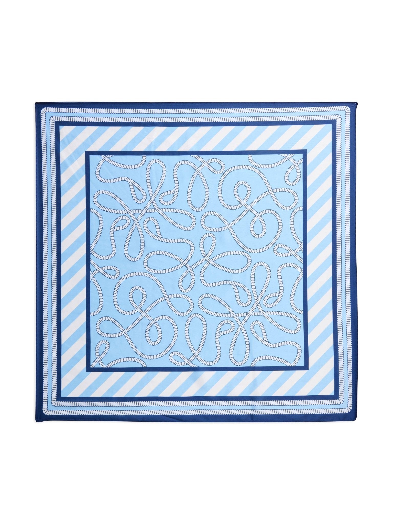 Blue and white patterned scarf with decorative border on a white background
