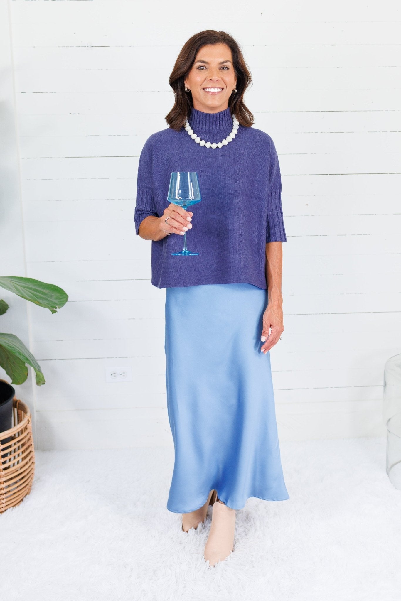 Coleman Blue Silky Satin Midi Skirt Glam