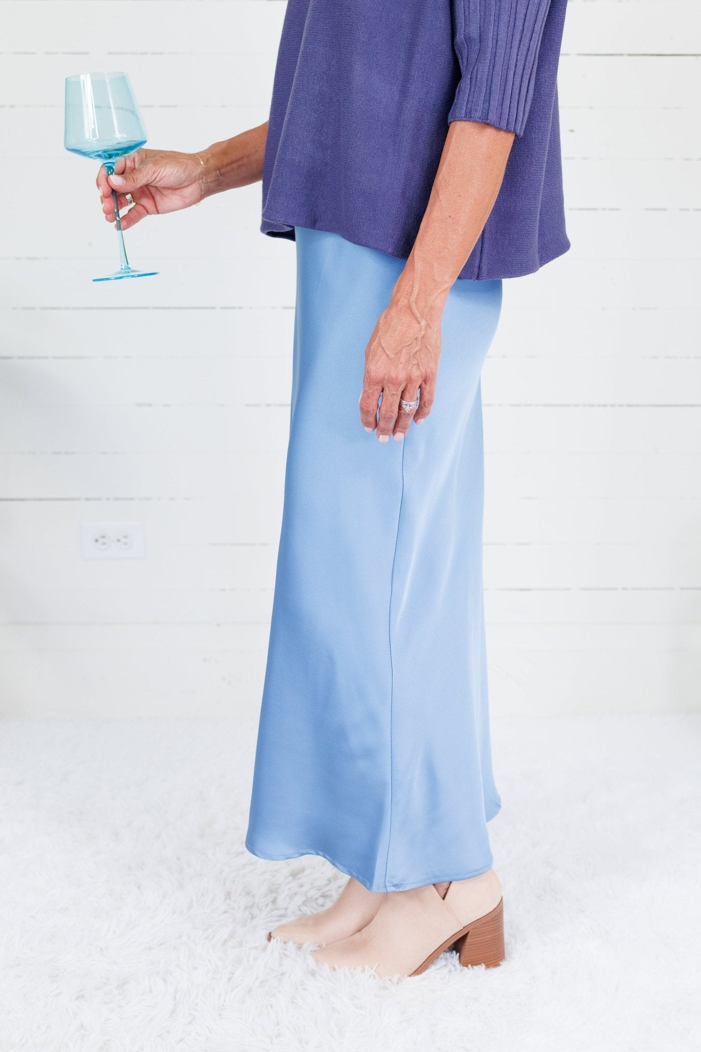 Coleman Blue Silky Satin Midi Skirt Glam