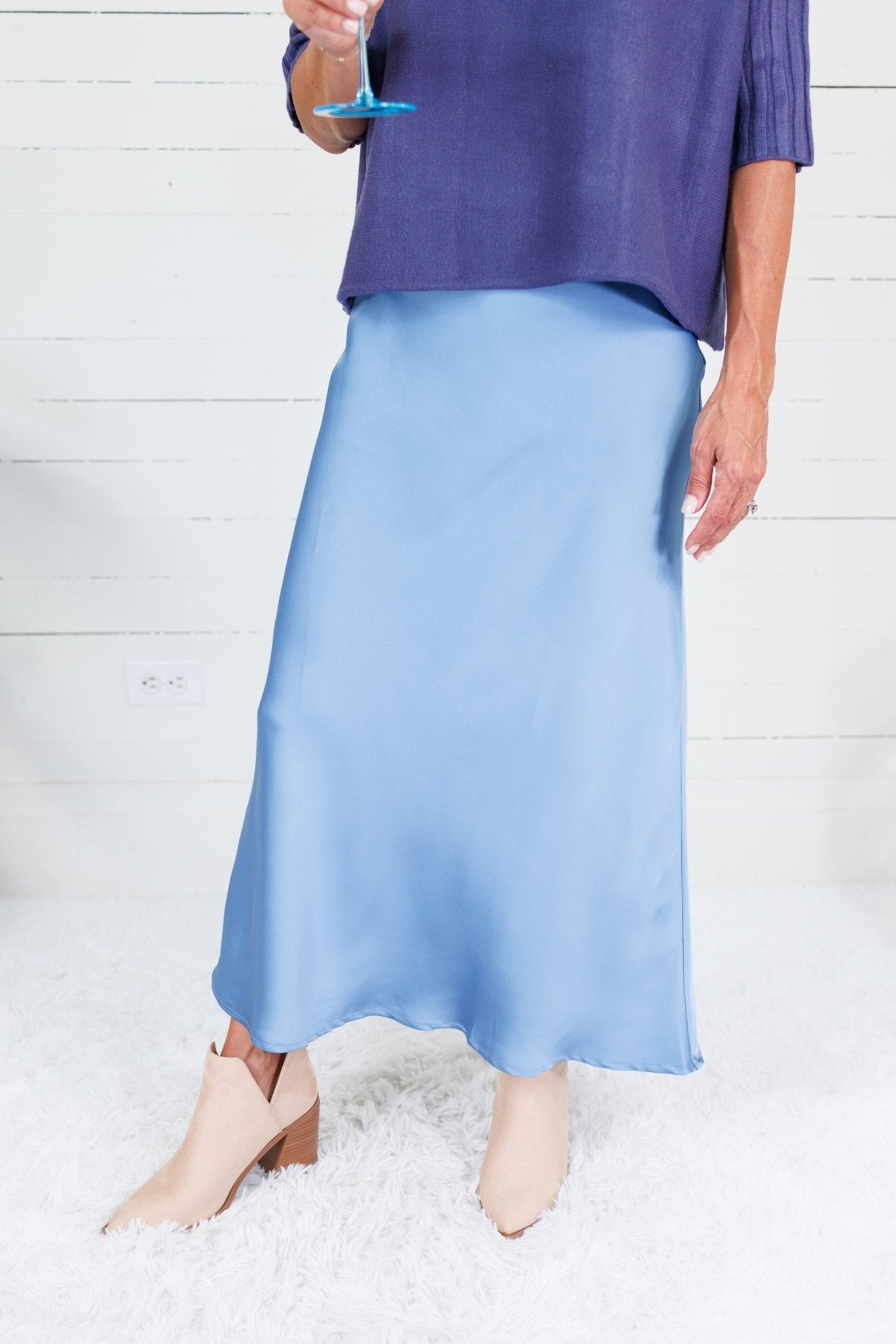 Coleman Blue Silky Satin Midi Skirt Glam