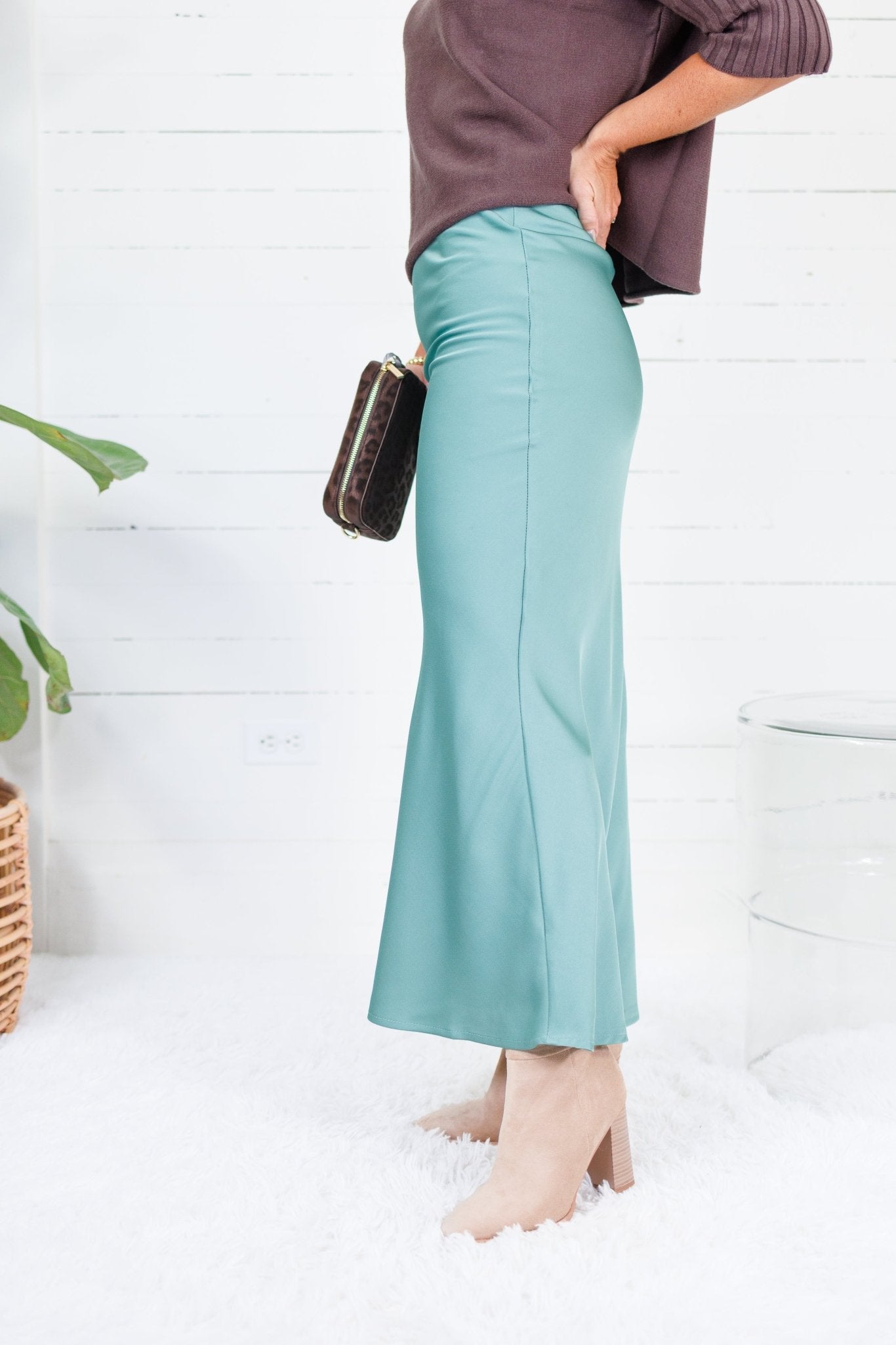 Coleman Sea Glass Silky Satin Midi Skirt Glam