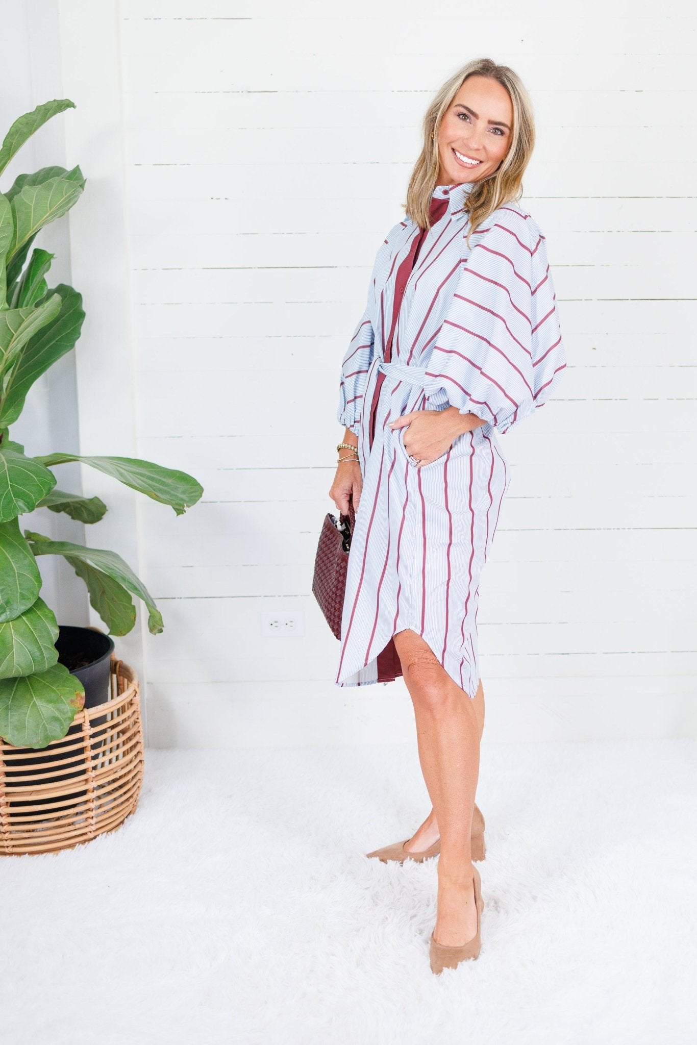 Collins Silver Blue + Burgundy Stripe Shirt Dress Karlie