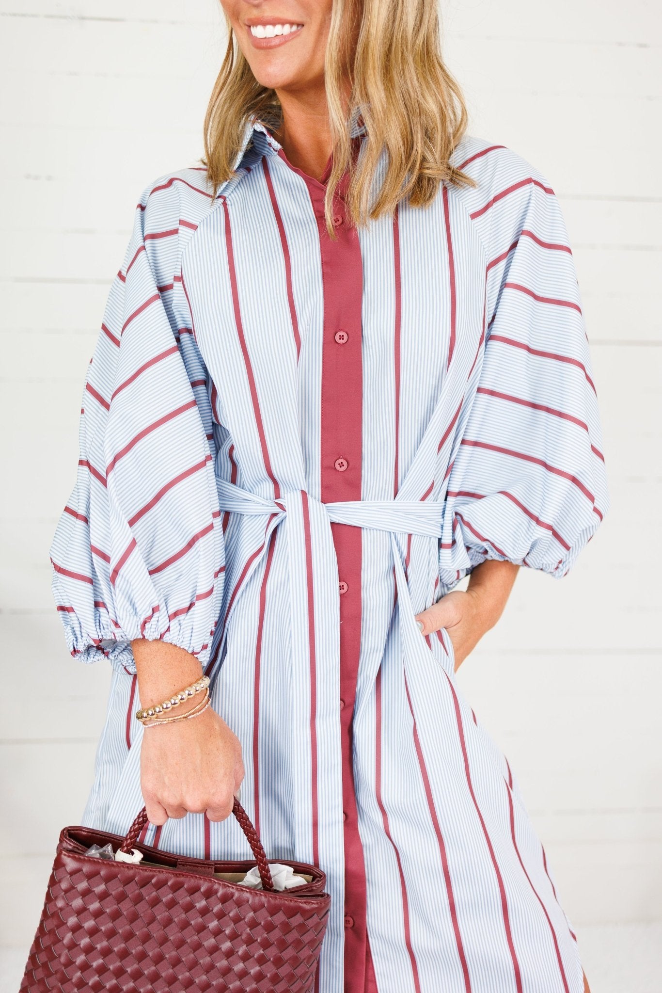 Collins Silver Blue + Burgundy Stripe Shirt Dress Karlie