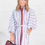 Collins Silver Blue + Burgundy Stripe Shirt Dress Karlie
