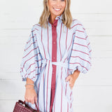 Collins Silver Blue + Burgundy Stripe Shirt Dress Karlie