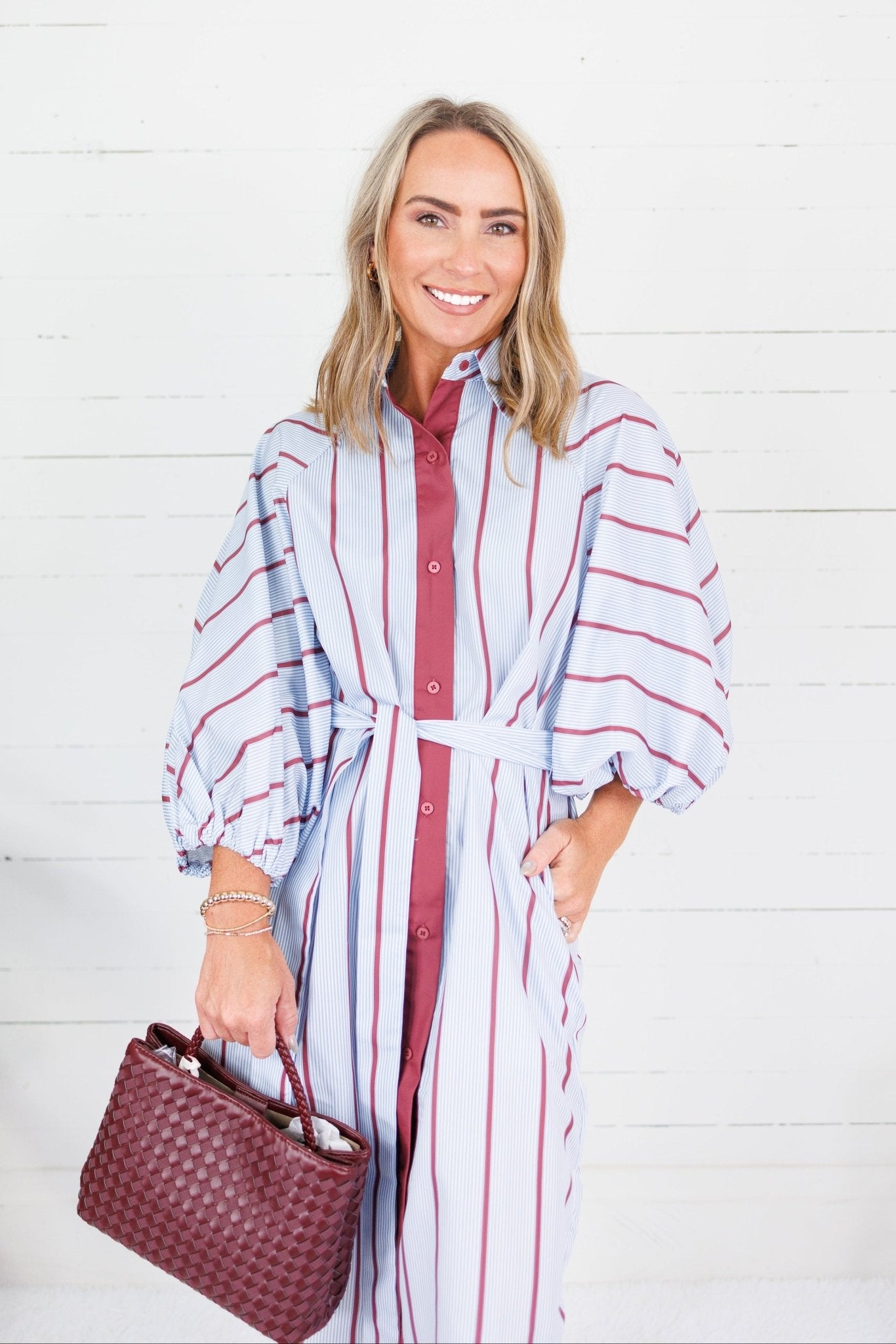 Collins Silver Blue + Burgundy Stripe Shirt Dress Karlie