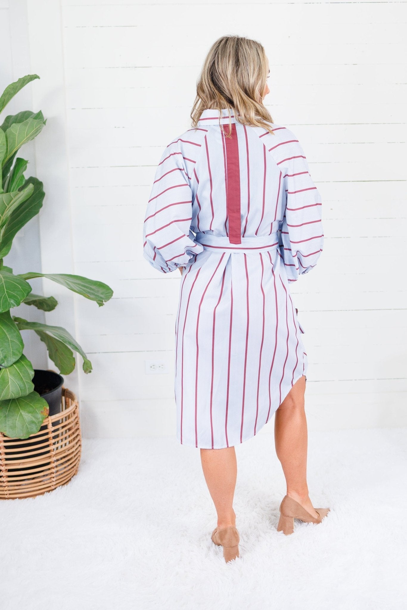 Collins Silver Blue + Burgundy Stripe Shirt Dress Karlie