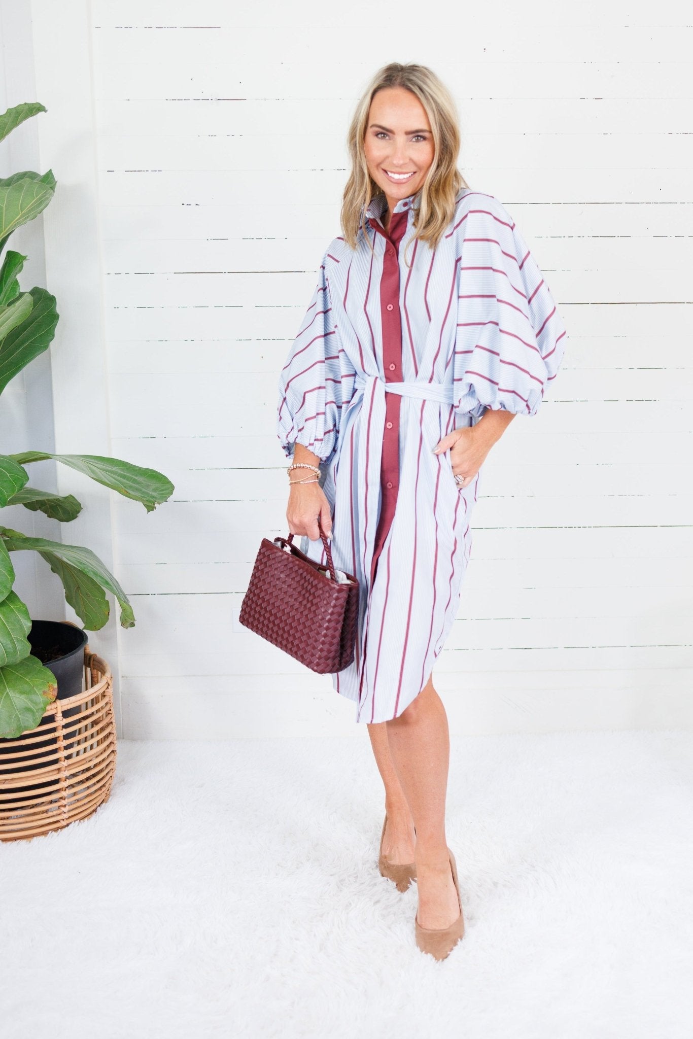Collins Silver Blue + Burgundy Stripe Shirt Dress Karlie
