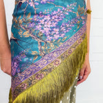 Colorful Bird + Violet Floral Fringe Scarf 