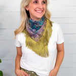 Colorful Bird + Violet Floral Fringe Scarf 