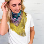 Colorful Bird + Violet Floral Fringe Scarf 