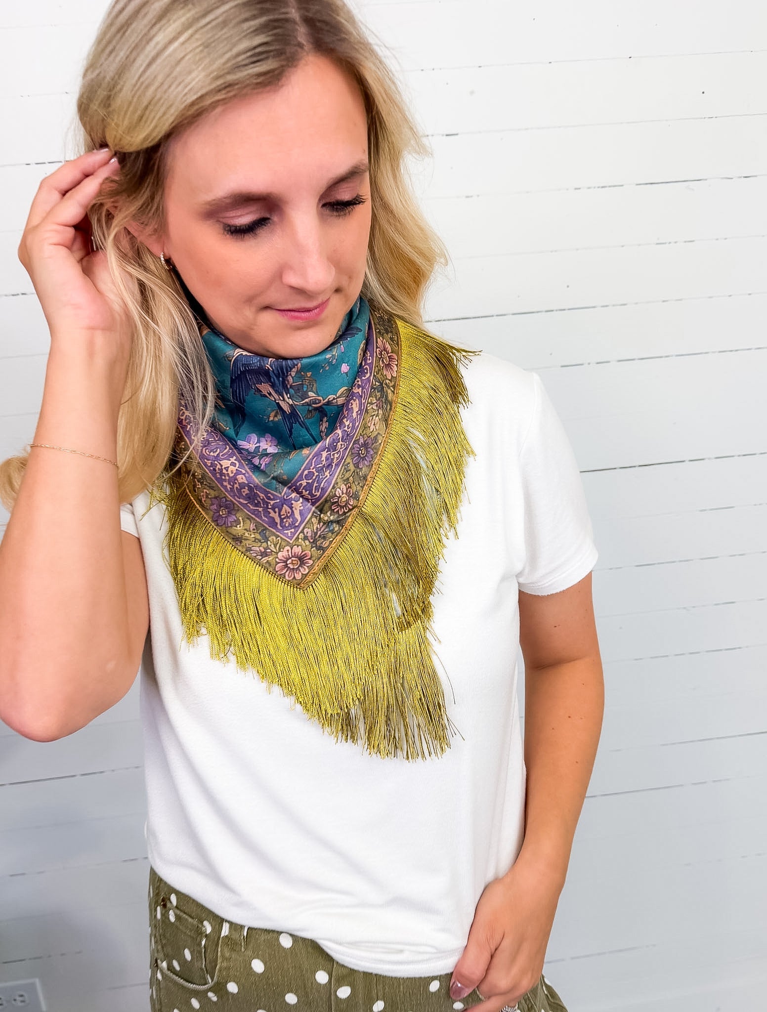 Colorful Bird + Violet Floral Fringe Scarf 