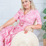 Columbia Pink Hibiscus Palms Shirt Dress Meet Me in Santorini 