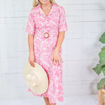 Columbia Pink Hibiscus Palms Shirt Dress Meet Me in Santorini 