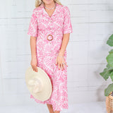 Columbia Pink Hibiscus Palms Shirt Dress Meet Me in Santorini 