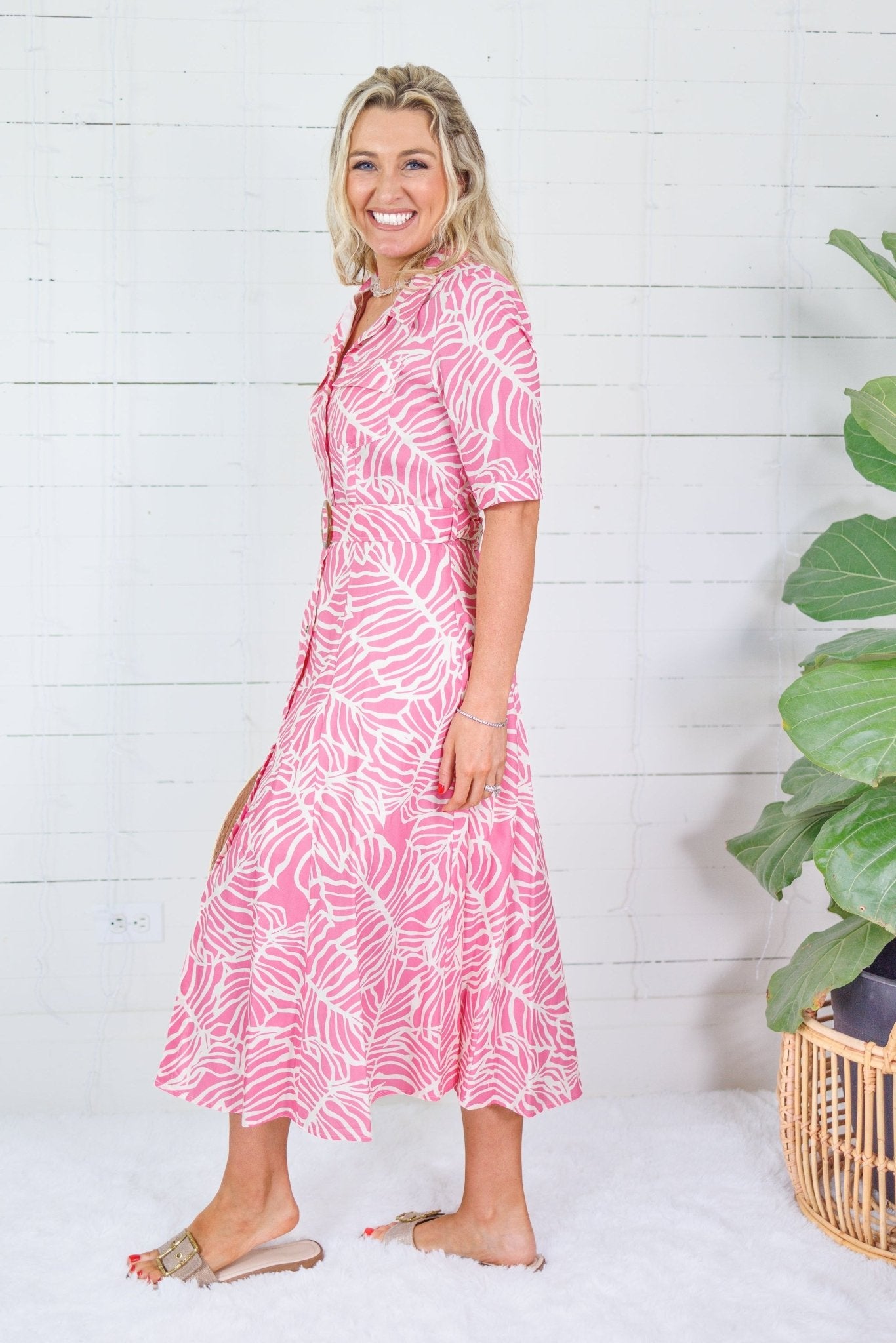 Columbia Pink Hibiscus Palms Shirt Dress Meet Me in Santorini