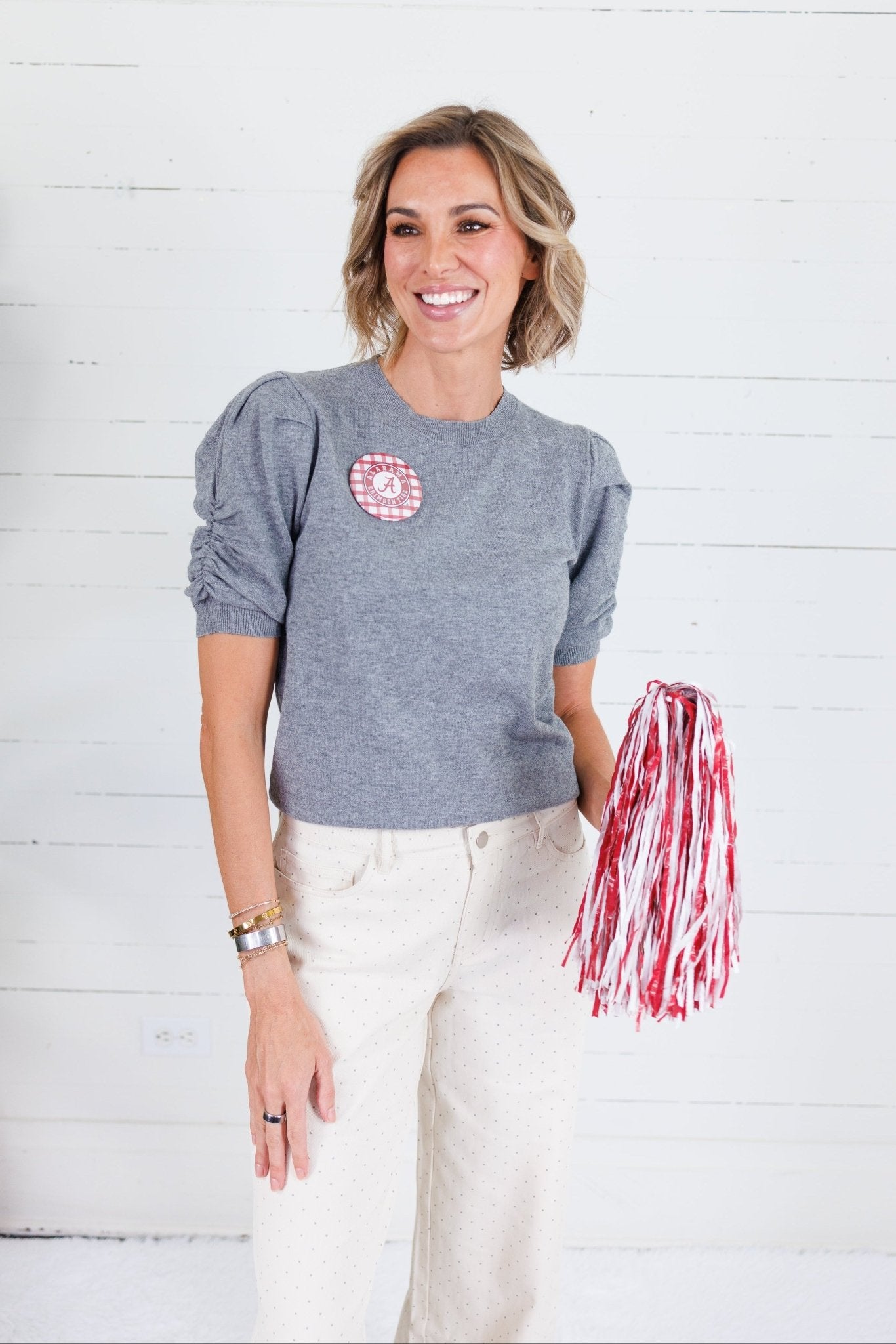 Conley Grey Ruched Sleeve Sweater Pinch