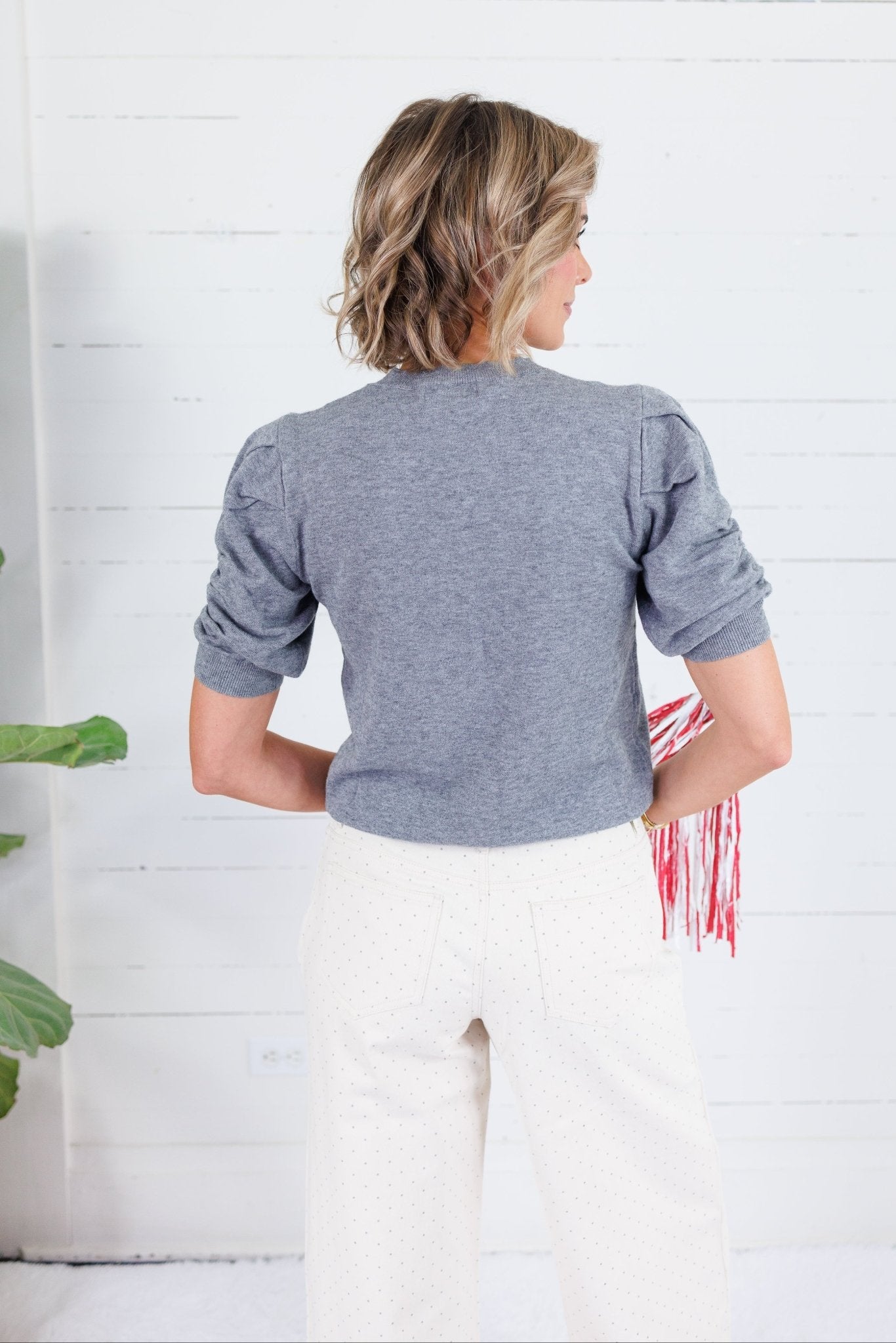 Conley Grey Ruched Sleeve Sweater Pinch
