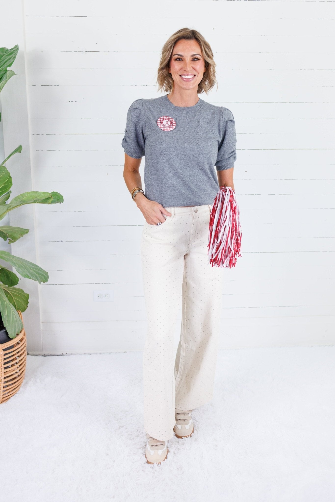Conley Grey Ruched Sleeve Sweater Pinch
