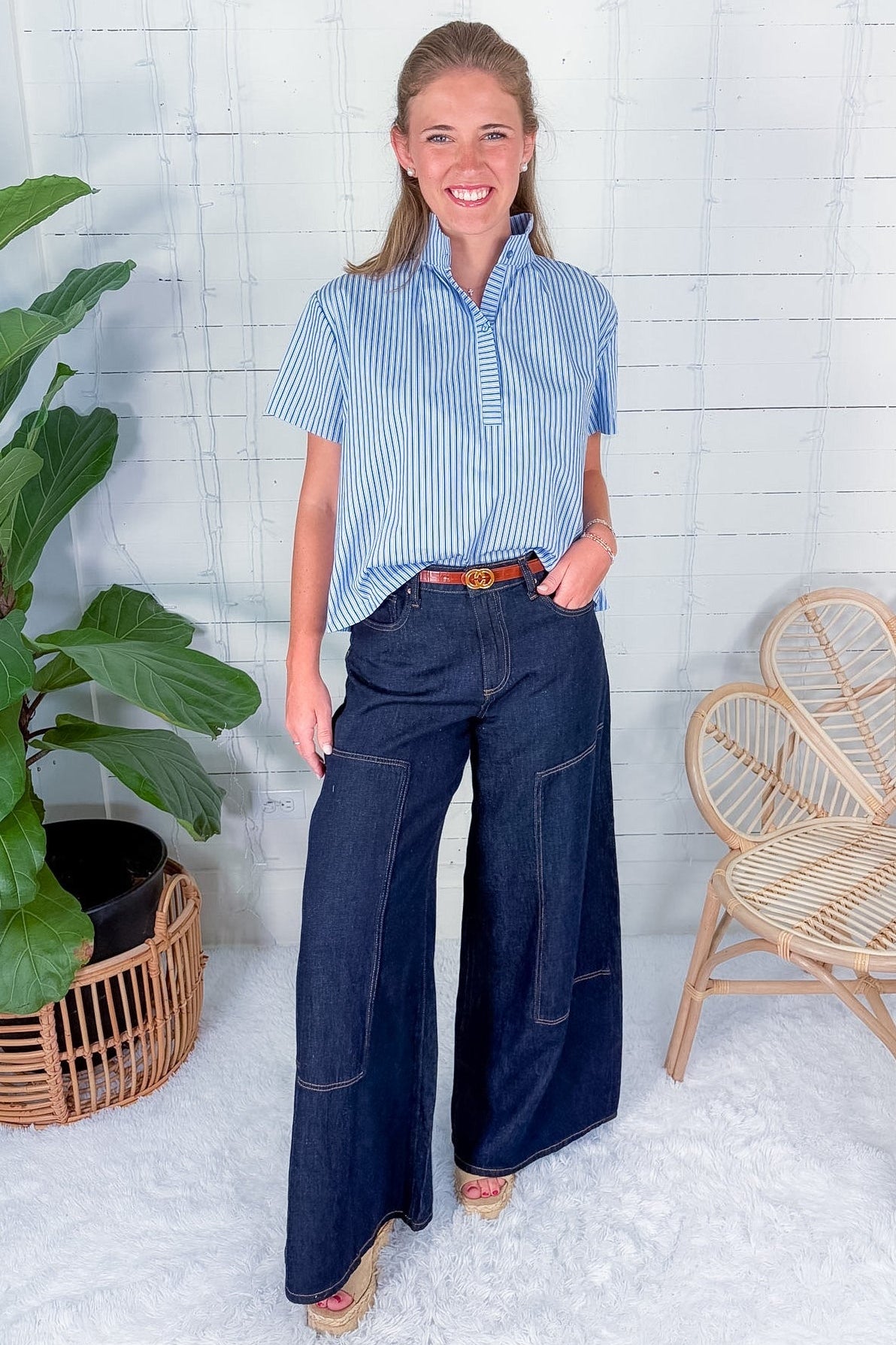 Cooper Blue Stripe Stand Collar Top
