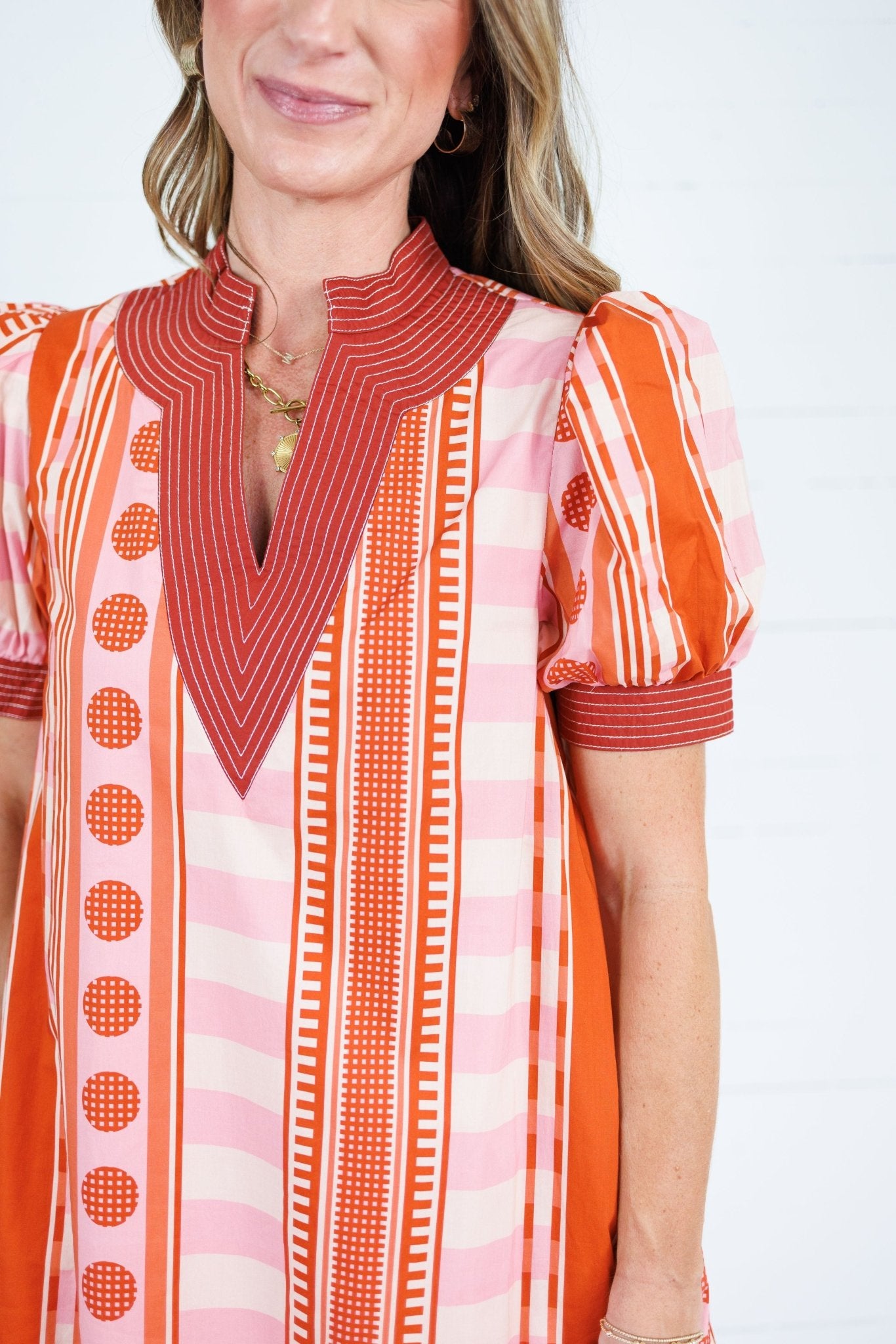 Cora Pink + Rust Metro Stripe Dress Entro