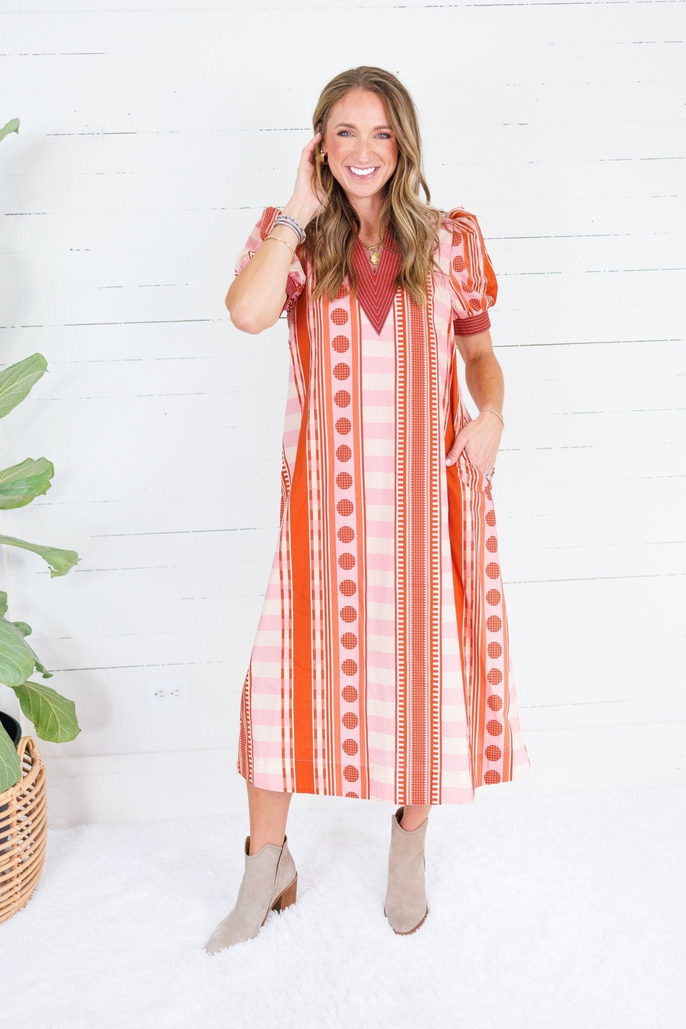 Cora Pink + Rust Metro Stripe Dress Entro