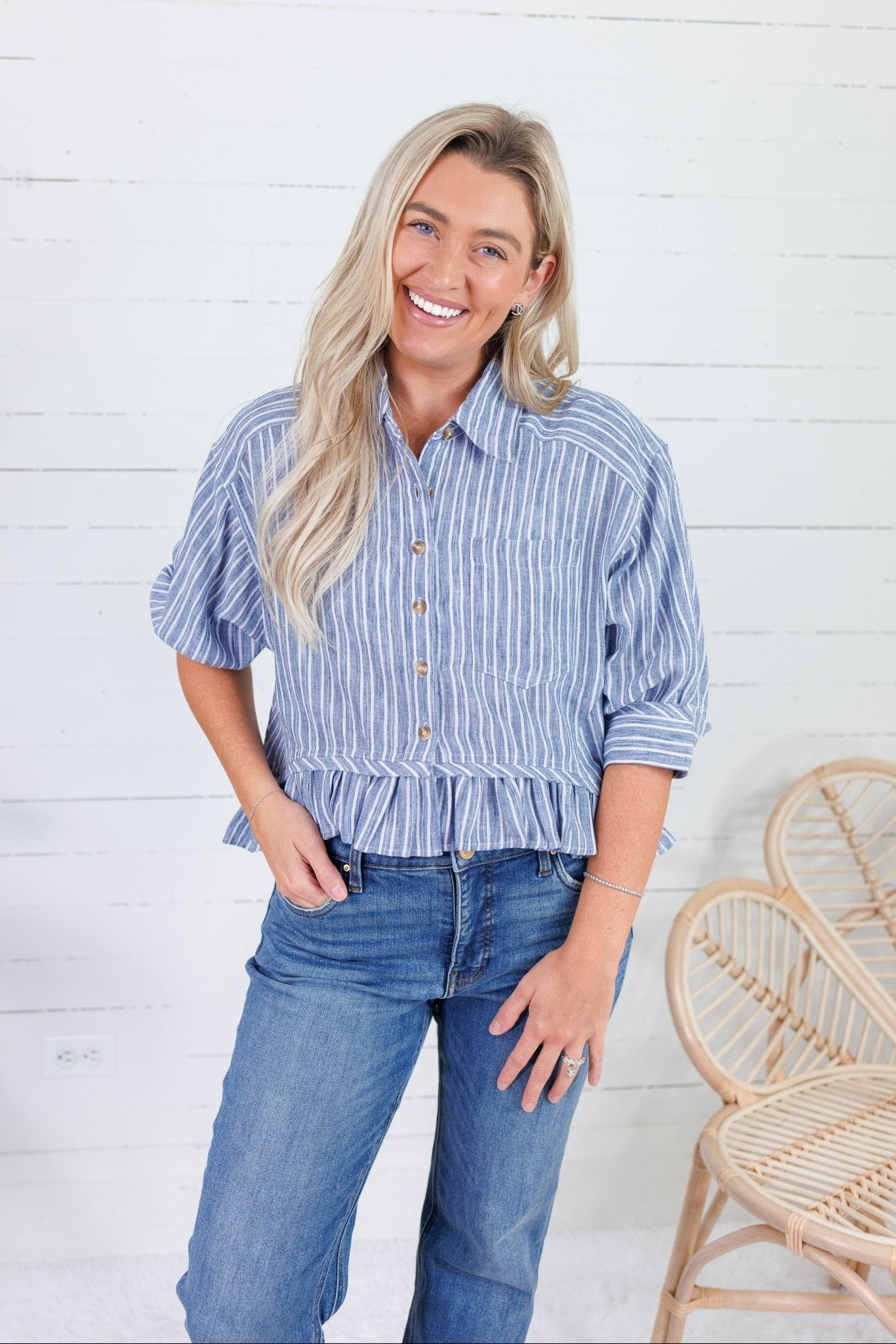 Costa Denim Stripe Ruffle Top