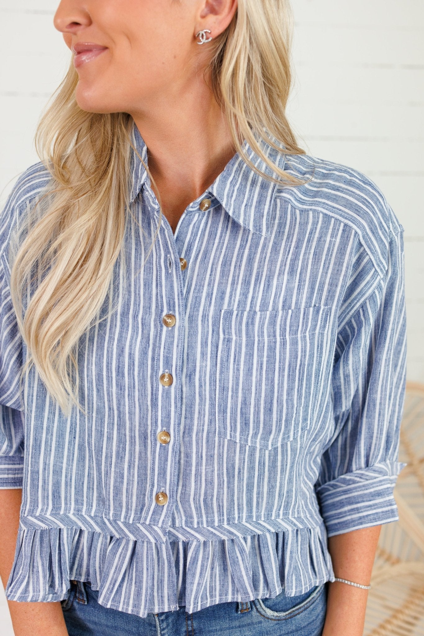 Costa Denim Stripe Ruffle Top