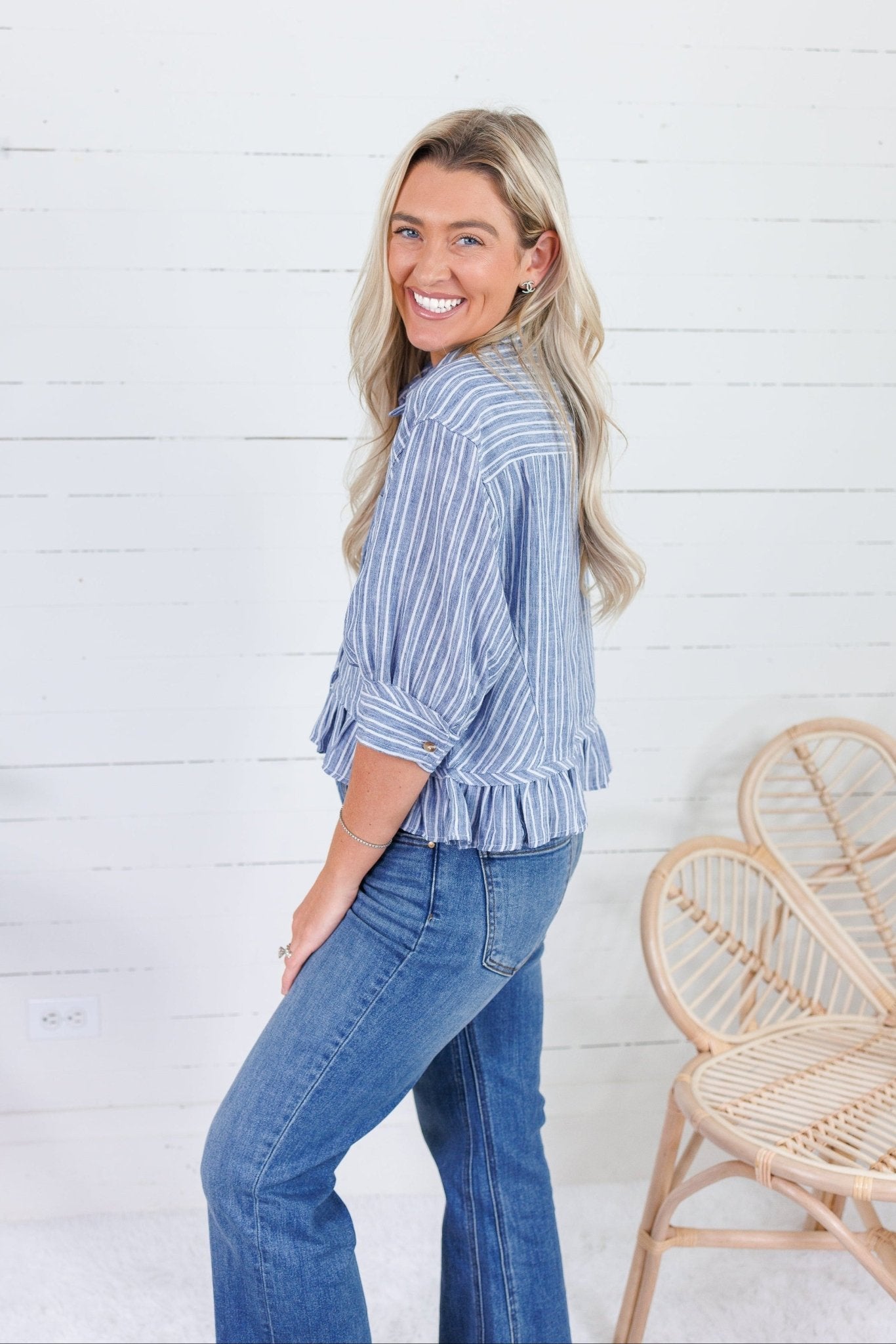 Costa Denim Stripe Ruffle Top