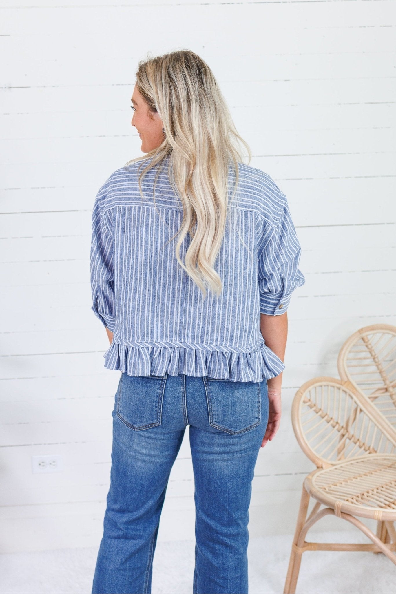 Costa Denim Stripe Ruffle Top