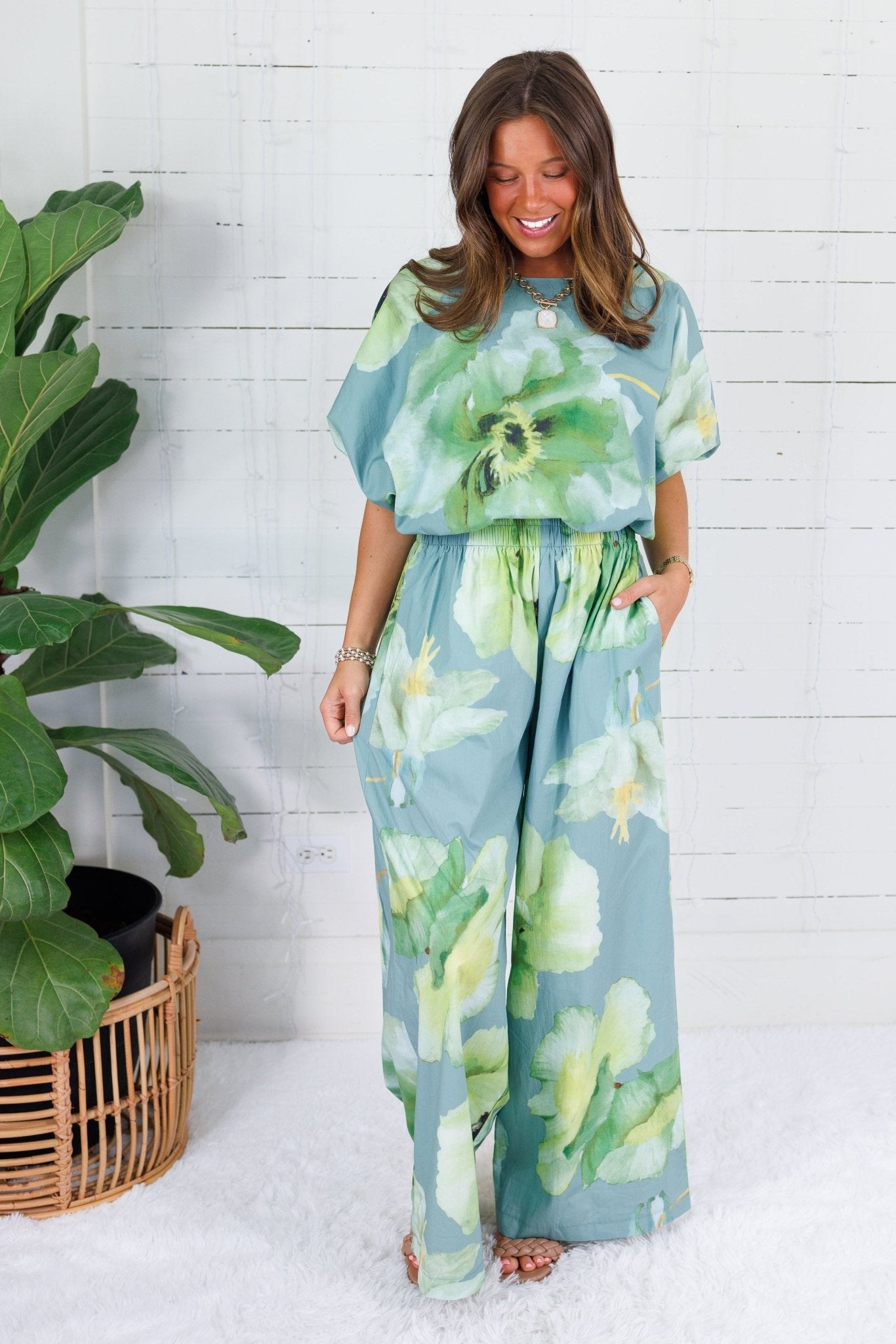 Crewe Sage Floral Bubble Crop Top Glam