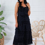 Crocker Black Tiered Eyelet + Lace Trim Midi Dress