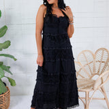 Crocker Black Tiered Eyelet + Lace Trim Midi Dress