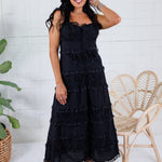Crocker Black Tiered Eyelet + Lace Trim Midi Dress