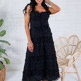 Crocker Black Tiered Eyelet + Lace Trim Midi Dress