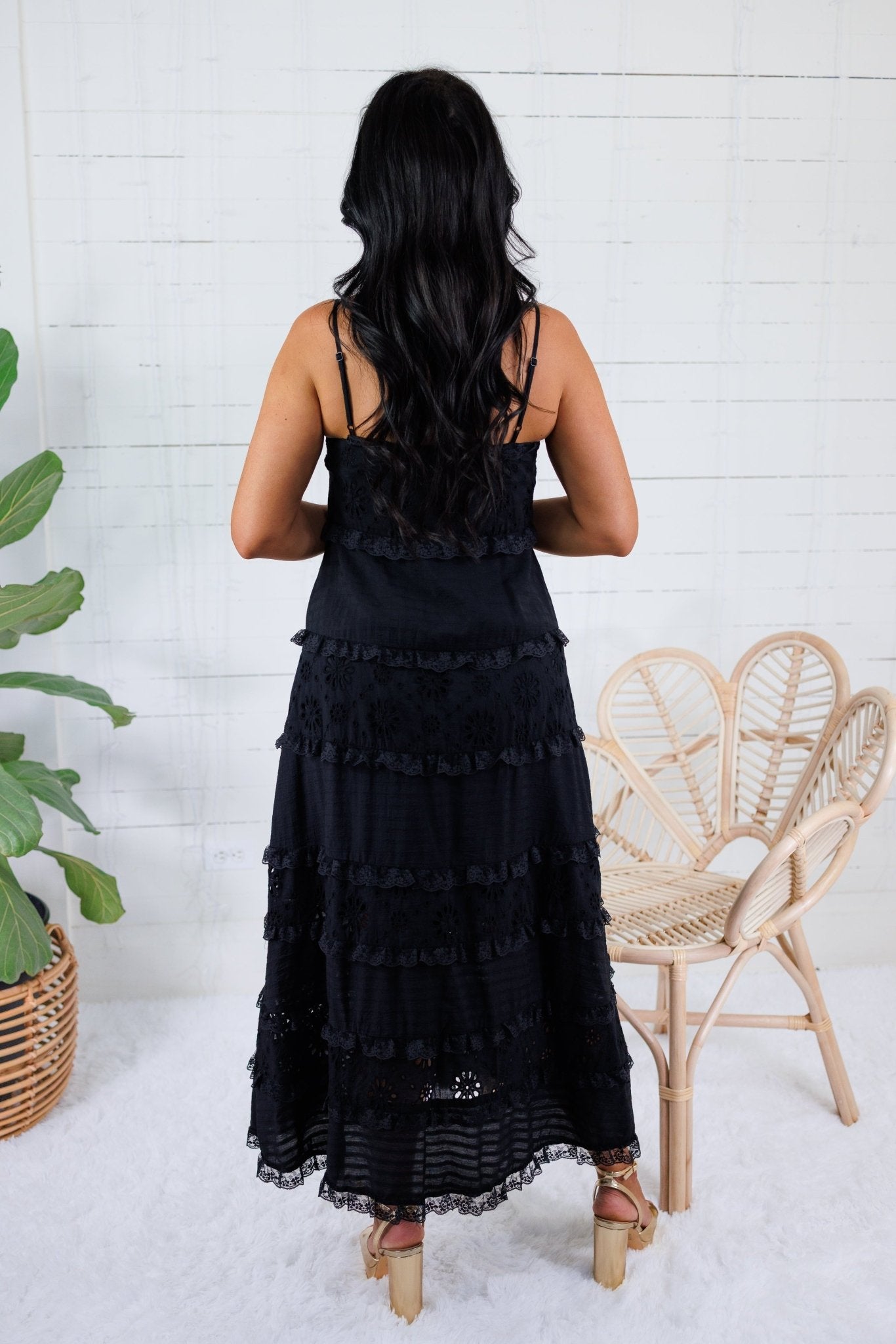 Crocker Black Tiered Eyelet + Lace Trim Midi Dress