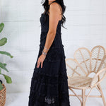 Crocker Black Tiered Eyelet + Lace Trim Midi Dress