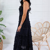Crocker Black Tiered Eyelet + Lace Trim Midi Dress