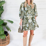 Crocus Olive Stylized Floral Mini Dress Entro