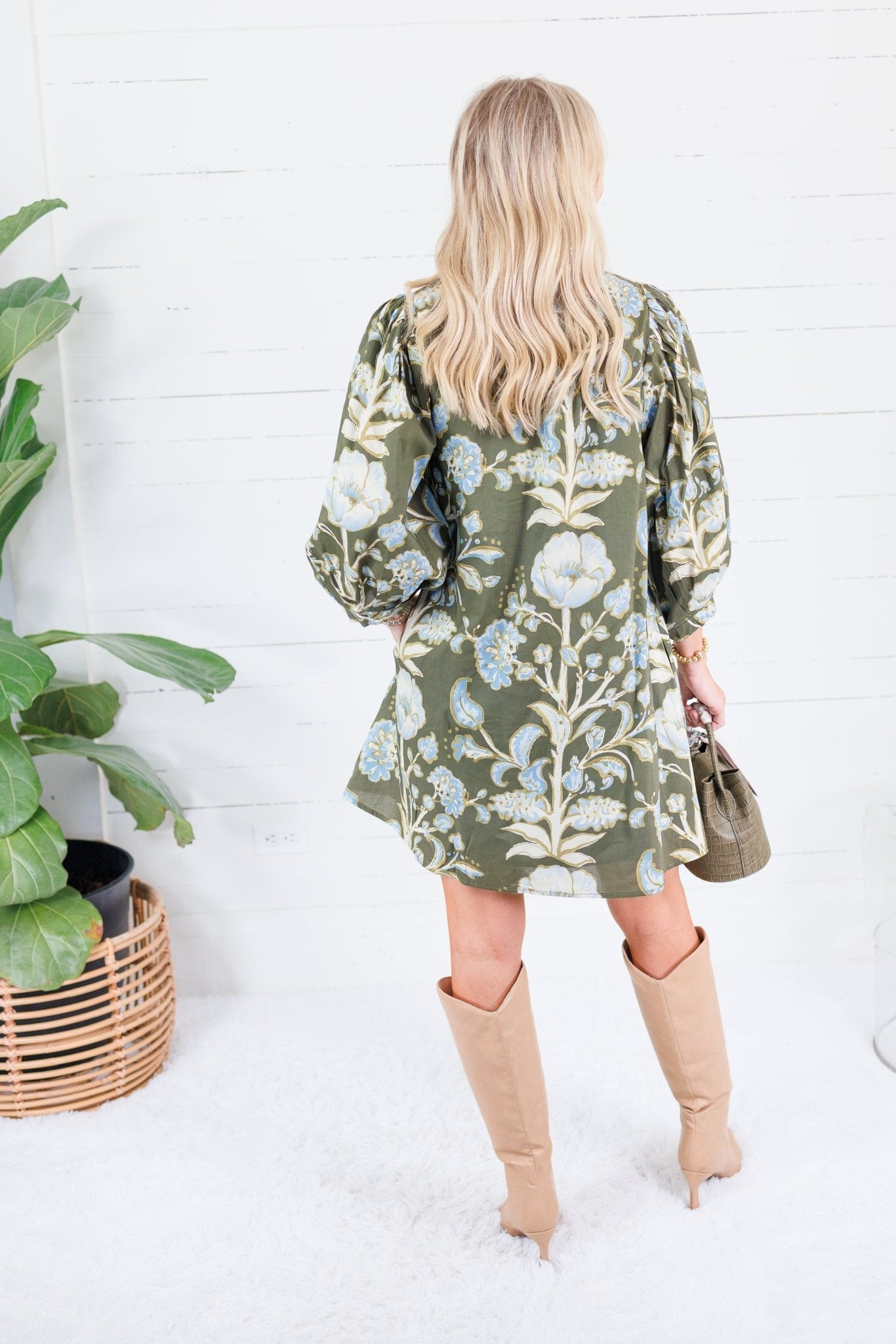 Crocus Olive Stylized Floral Mini Dress Entro