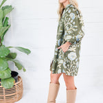 Crocus Olive Stylized Floral Mini Dress Entro