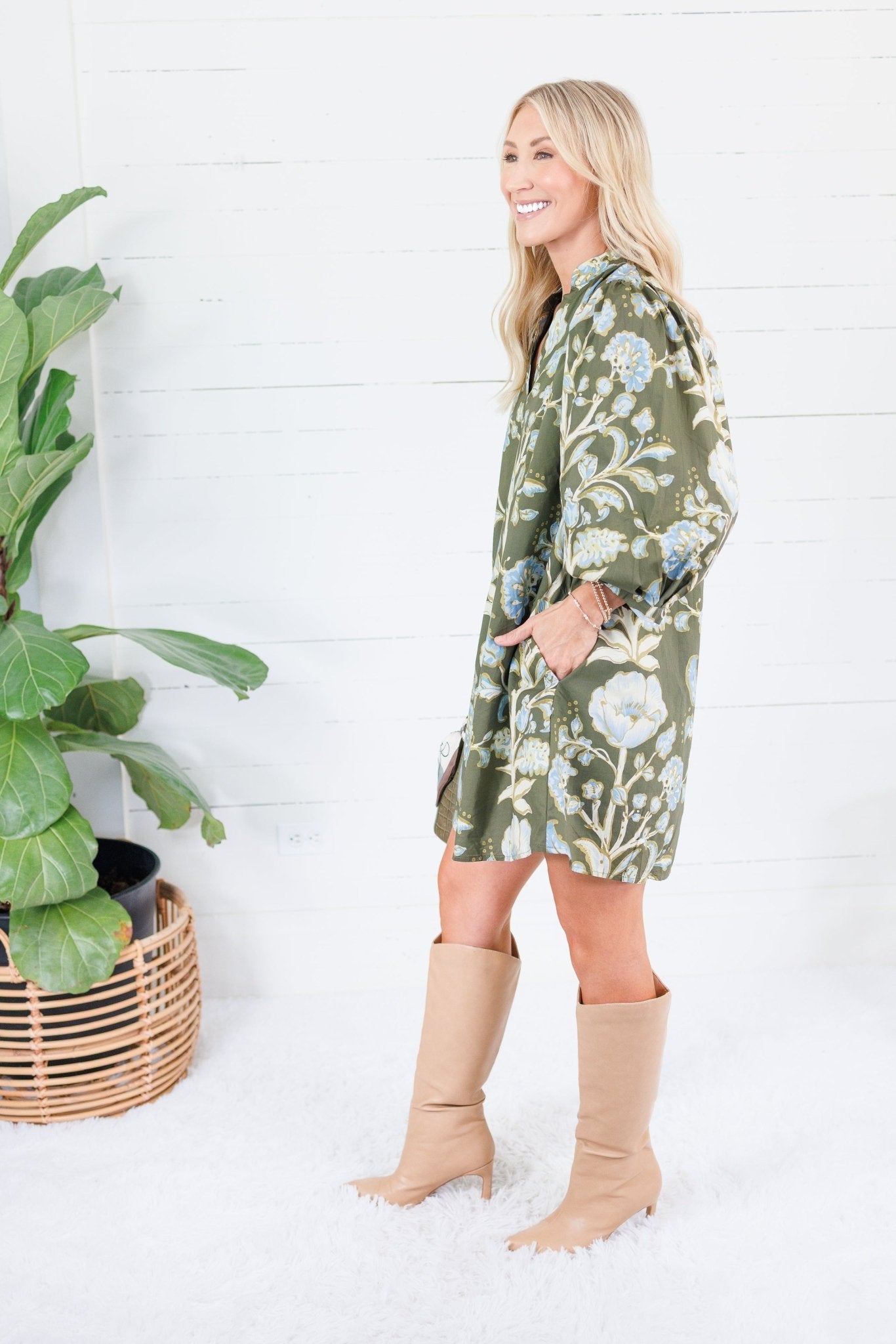 Crocus Olive Stylized Floral Mini Dress Entro