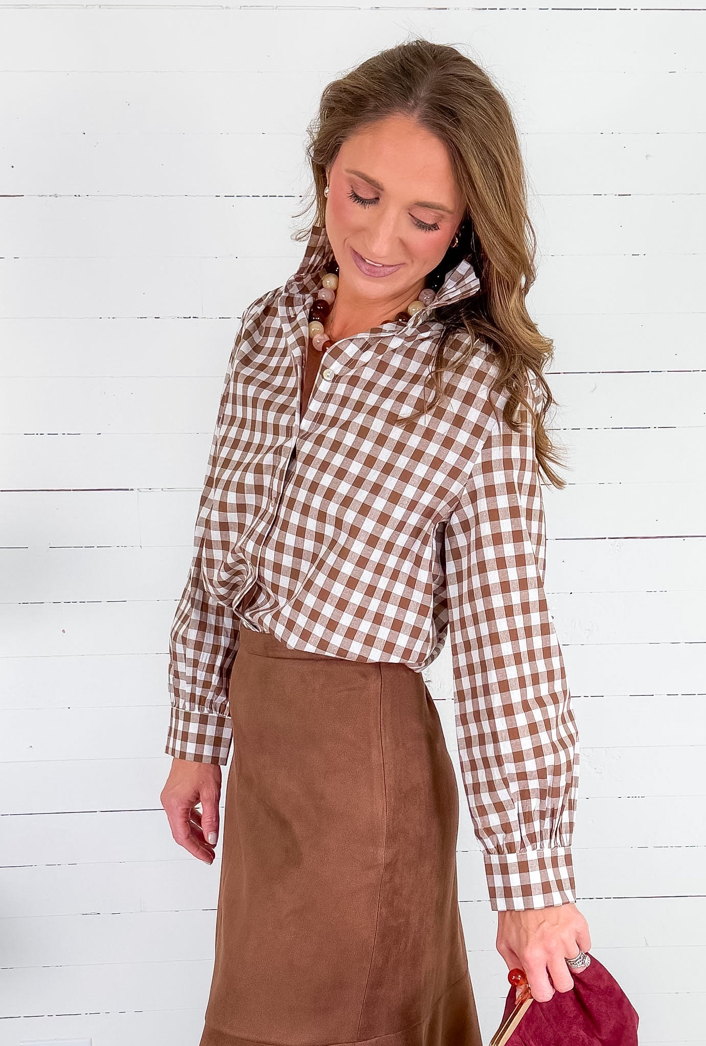 Culver Chocolate Gingham Ruffled Top Pinch