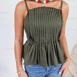 Locke Olive Pleated Poplin Strappy Tank
