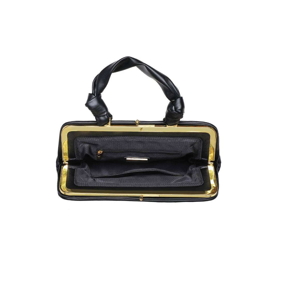 Black handbag with gold trim on a white background