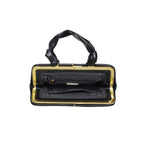 Black handbag with gold trim on a white background