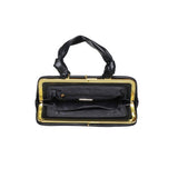 Black handbag with gold trim on a white background