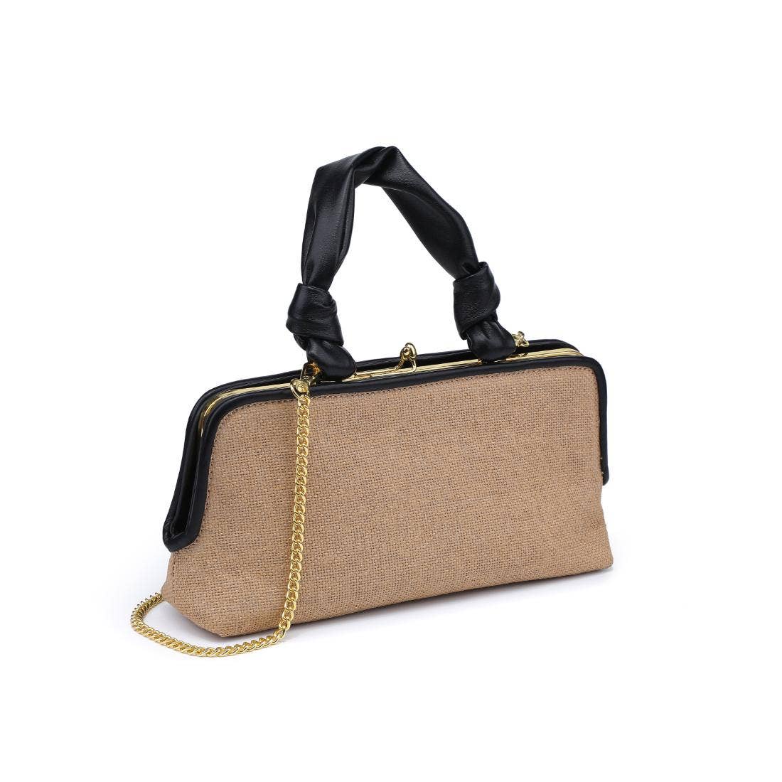 Beige handbag with black handle and gold chain on a white background