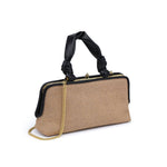Beige handbag with black handle and gold chain on a white background