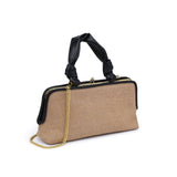 Beige handbag with black handle and gold chain on a white background